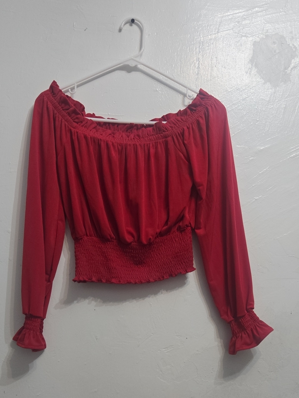 Guess Red Off-Shoulder Smocked Waist & Cuffs Blouse